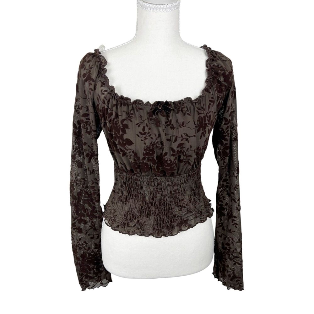 Haley & June Blouse Women Medium Brown Long Sleeve Cropped Smocked Velvet Floral